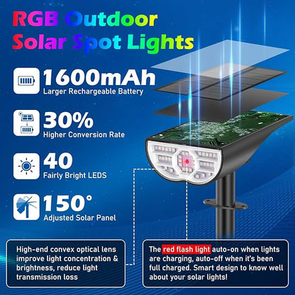 Solar Color Changing Spot Lights Outdoor, Multi-color RGB Solar Landscape Lights IP67 Waterproof, 9 Lighting Modes Solar Powered Spotlights for Christmas Holiday Decorations Yard Garden, 4-Pack
