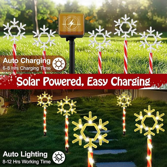 Lewondr Solar Christmas Pathway Lights, 5 PCS Solar Christmas Decorations Outdoor with 2 Lighting Modes, Clear Snowflake Lights with Red Pole and Garden Stake, Waterproof Yard Lawn Patio Holiday Decor