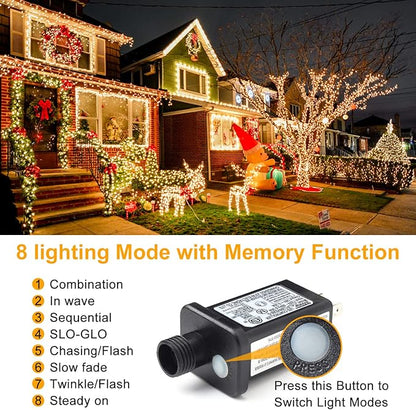 Haili 105FT 300 LED Christmas Lights Outdoor, Plug in 8 Mode String Lights for Christmas Tree, Party, Patio, House Christmas Decoration (Warm White)