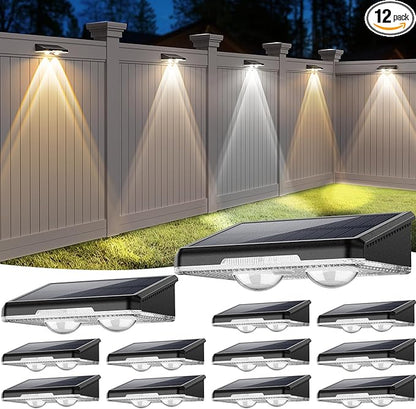 Solar Fence Lights Outdoor-3000/4000/6000K 3 Mode,IP65 Waterproof Solar Powered Lights Outdoor for Backyard/Patio/Fence/Wall/Deck/Step/Porch/Railings/Pool (12pack)