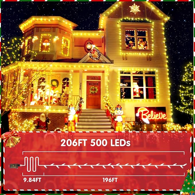 XURISEN Christmas Lights Outdoor 197FT 500 LED Green Wire String Lights 8 Modes with Timer Memory Waterproof Fairy Light Plug in for Xmas Tree Wedding Yard Party Holiday Decorations(Warm White)