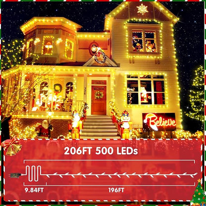 XURISEN Christmas Lights Outdoor 197FT 500 LED Green Wire String Lights 8 Modes with Timer Memory Waterproof Fairy Light Plug in for Xmas Tree Wedding Yard Party Holiday Decorations(Warm White)