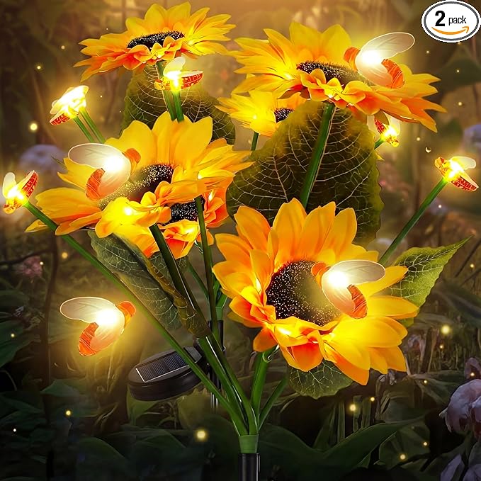 Hortsun 2 Pack Sunflower Bee Solar Lights Outdoor Decor Waterproof Solar Lights with 6 Sunflower and 8 Bee for Yard Front Yard Garden Lawn Patio Outside Decor