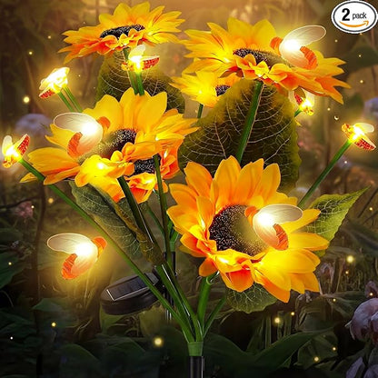Hortsun 2 Pack Sunflower Bee Solar Lights Outdoor Decor Waterproof Solar Lights with 6 Sunflower and 8 Bee for Yard Front Yard Garden Lawn Patio Outside Decor