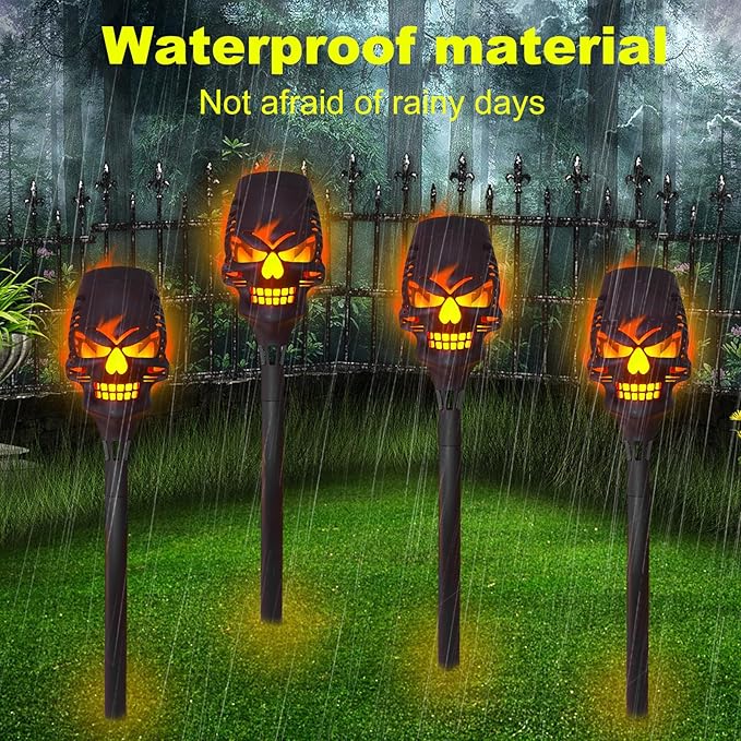 4 Pack Solar Halloween Lights Outdoor,Skull Light,Solar Torch Light with Flickering Flame,Waterproof LED Flame Lights,for Halloween Decor Patio Yard Path,Outdoor Landscape Lighting and Et Cetera.