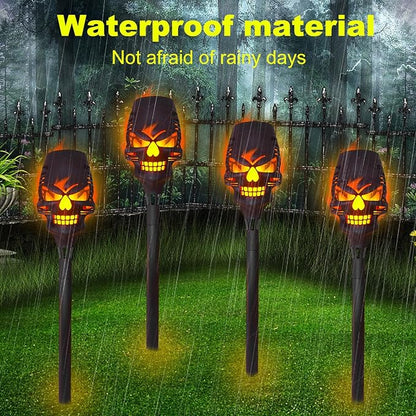 4 Pack Solar Halloween Lights Outdoor,Skull Light,Solar Torch Light with Flickering Flame,Waterproof LED Flame Lights,for Halloween Decor Patio Yard Path,Outdoor Landscape Lighting and Et Cetera.