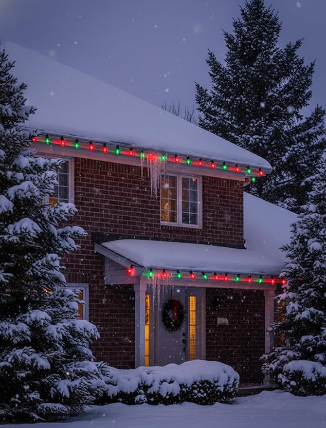 C7 Red Green Christmas Lights Outdoor, 25Ft Vintage Christmas String Lights with 27 Clear Red Green Ceramic Bulbs, Waterproof Connectable Christmas Decorations for House, Xmas Tree, Garden, Yard