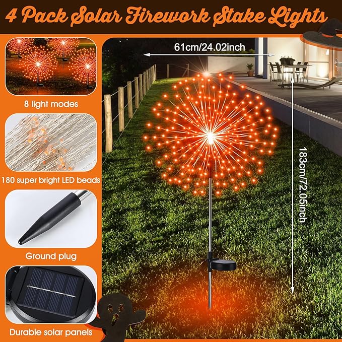 4 Pcs Christmas Solar Decoration Outdoor Orange Solar Firework Lights 180 LED 8 Modes Waterproof LED Stake Sparkler Decor for Holiday Walkway Pathway Garden Driveway Path Lawn Yard (Orange)
