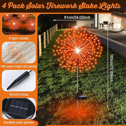4 Pcs Christmas Solar Decoration Outdoor Orange Solar Firework Lights 180 LED 8 Modes Waterproof LED Stake Sparkler Decor for Holiday Walkway Pathway Garden Driveway Path Lawn Yard (Orange)