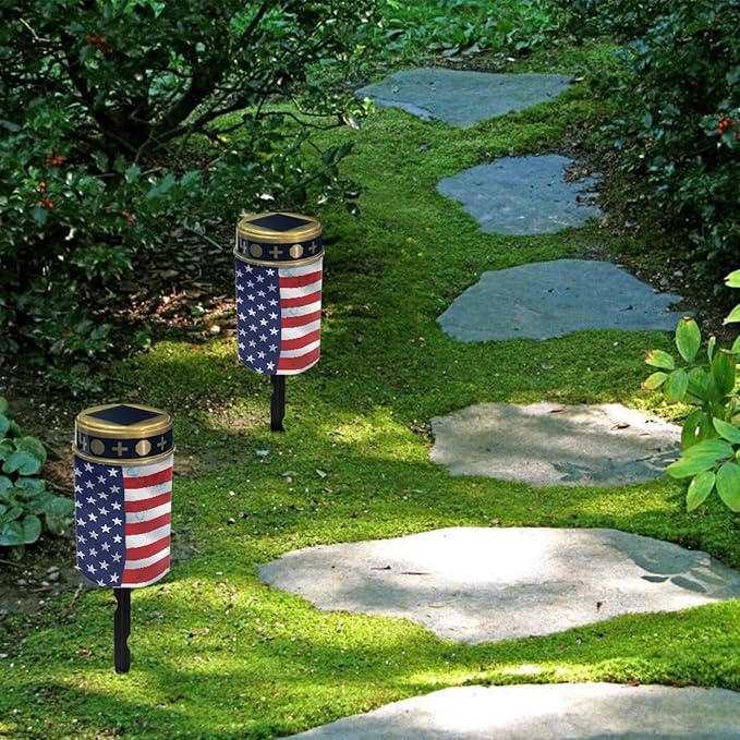 US Flag Solar Stake Lights Outdoor Solar Garden Pathway Lights for Yard Patio Flameless Warm White Walkway Lights Landscape Decorativer Lighting for Driveway Path,Pretty Soptlights