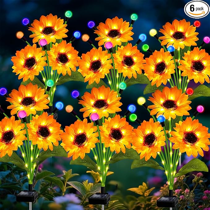 Solar Garden Lights-6 Pack Solar Sunflowers with Multicolor Changing Swaying Firefly Lights, Birthday for Mom Women,Waterproof Firefly Sunflower Light for Outdoor Patio Yard Decor