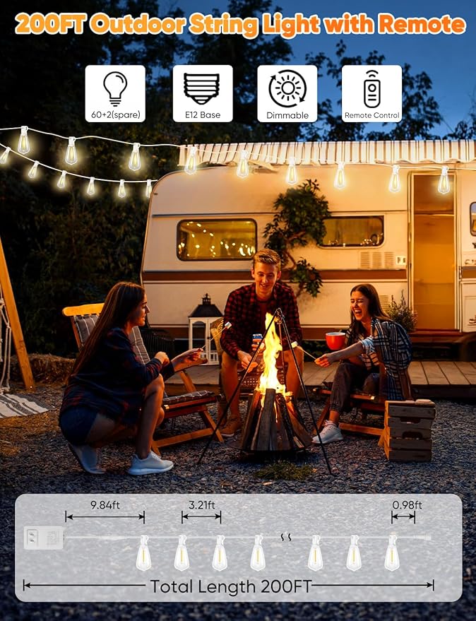 Brightever Outdoor String Lights with Remote, 200FT LED Patio Lights with 62 ST38 LED Filament Bulbs, 3 Lighting | Lumora