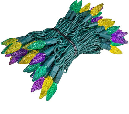 Novelty Lights 24FT 70 Light Purple Green and Yellow LED Mardi Gras Lights, C6 Bulbs, Connect up to 43 Sets, Indoor/Outdoor Use