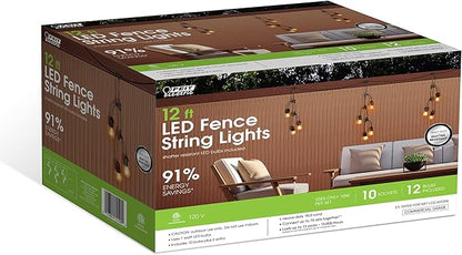 Feit Electric 12ft LED Outdoor Fence String Lights, 10 Sockets, 12pc. S14 LED Bulbs Included, E26 Base, 10 Watts, 2200K, Amber, SLM12-10/FIL