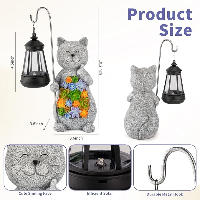 Solar Cat Garden Statue with Succulent Decor Hanging Lantern – Waterproof Resin Outdoor Figurine for Yard, Patio | Lumora