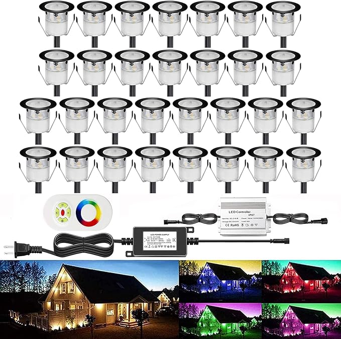 30Pcs LED Deck Light Kit 0.1W-0.3W Low Voltage RGB Outdoor Lighting 6Lm IP67 Waterproof Outdoor Black Border Step Stairs Garden Yard Patio Landscape Decor Lighting(RGB, 30pcs)