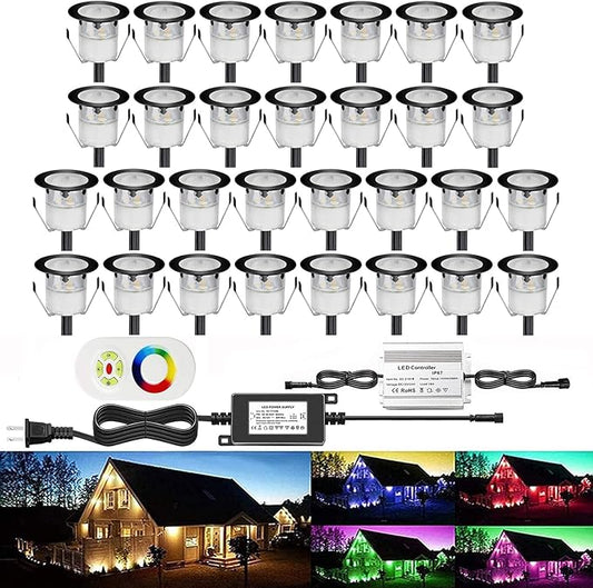 30Pcs LED Deck Light Kit 0.1W-0.3W Low Voltage RGB Outdoor Lighting 6Lm IP67 Waterproof Outdoor Black Border Step Stairs Garden Yard Patio Landscape Decor Lighting(RGB, 30pcs)