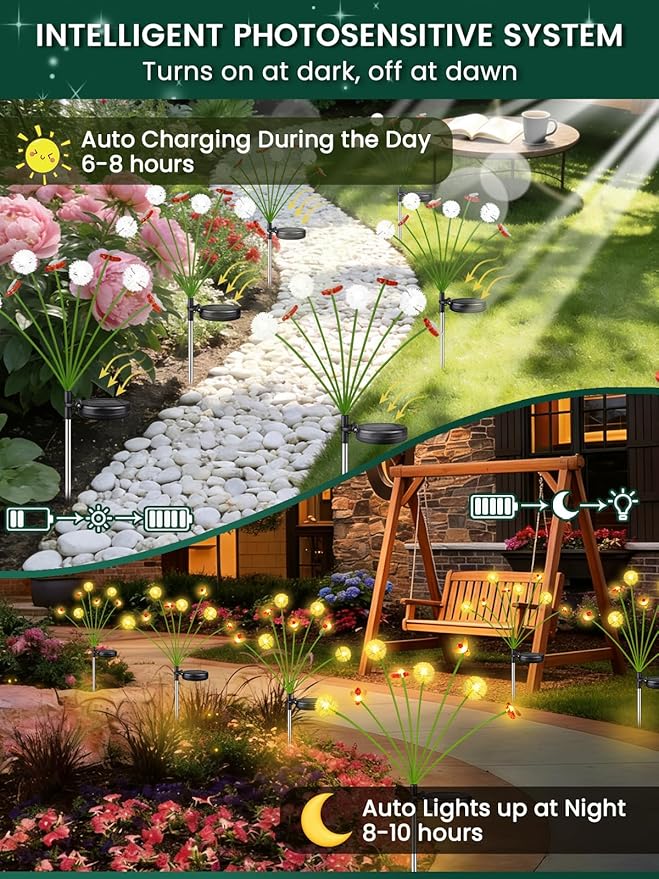 Solar Garden Lights Outdoor (2 Pack 16 LED), Solar Swaying Dandelion Bee Lights Waterproof, Cute Flower Pathway Lights for Yard Lawn Patio Decorations, 2 modes (Slow Twinkle，Steady on), Warm White