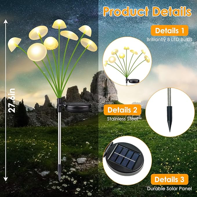 2PK 16LED Solar Garden Lights Outdoor, Mushroom Solar Lights Outdoor, IP65 Waterproof Firefly Light Outside Decor | Lumora