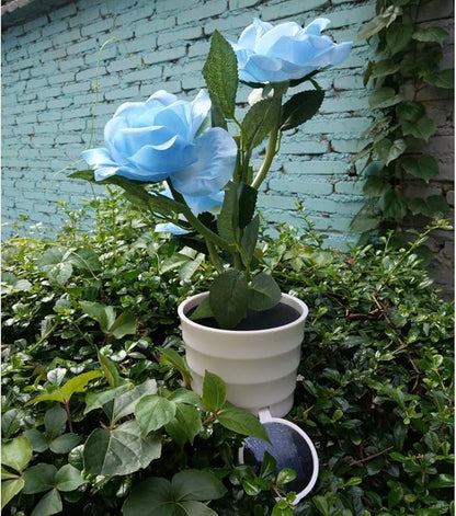 LED Solar Power Decorative Artificial Rose Flower Pot Plant Landscape Light Night Lamp Outdoor Garden Yard Pathway Lawn Grassland Blue