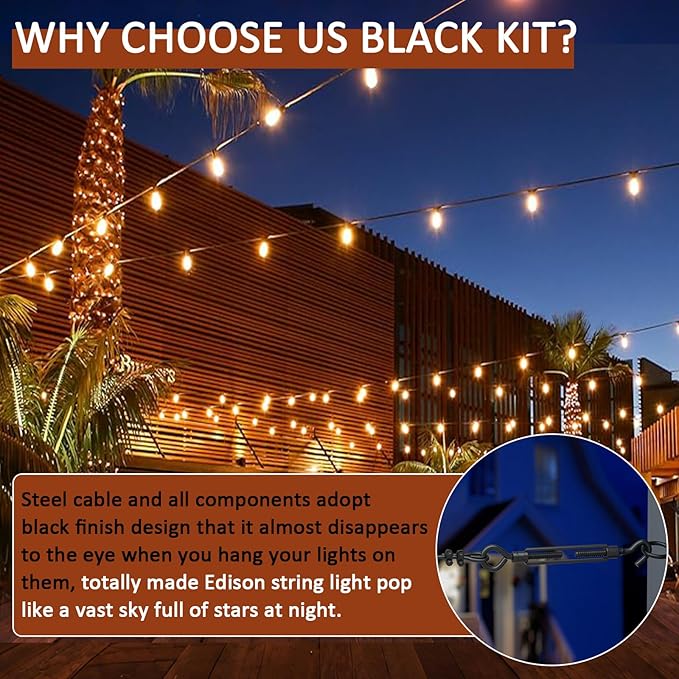 String Light Hanging Kit Outdoor, Full Black Globe String Lights Suspension Kit w/ 50FT PVC Coated Steel Cable & | Lumora