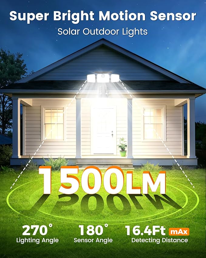 1500LM Clip On Solar Lights Outdoor, Motion Sensor Outdoor Lights with 270° Wide Angle & Remote Contral, 3 Heads | Lumora
