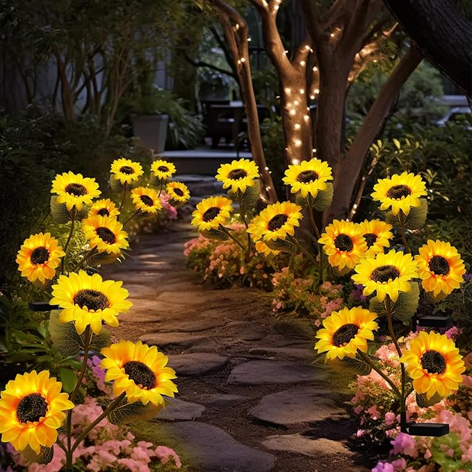 2 Pack Waterproof Solar Sunflower Garden Lights with 3 Stakes, Outdoor Decorative Lighting for Patio & Lawn | Lumora