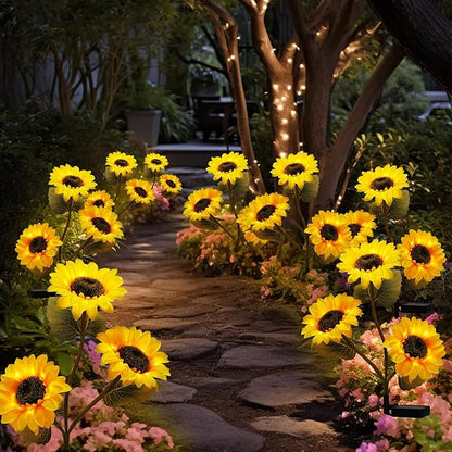 2 Pack Waterproof Solar Sunflower Garden Lights with 3 Stakes, Outdoor Decorative Lighting for Patio & Lawn