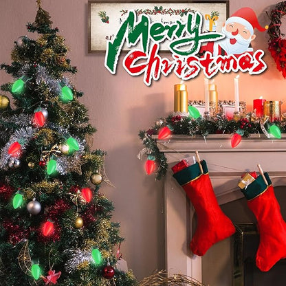 Couah C7 Christmas String Lights, 25FT Vintage Ceramic Christmas String Light Set 27 Red＆Green Bulb C7 Light(2 Spare) for Outdoor Holiday Party Wedding Decoration, Green Wire