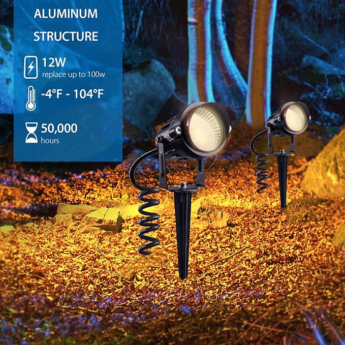 SUNVIE Outdoor Landscape LED Lighting 12W Waterproof Garden Lights COB Led Spotlights with Spiked Stand for Lawn | Lumora