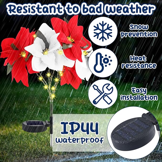 VIHOSE 4 Pcs Christmas Solar Poinsettia Lights Outdoor Artificial Flowers Landscape Waterproof Solar Poinsettia Lights for Yard Lawn Patio Garden Pathway Xmas Party Supplies (7 Flowers,Red,White)