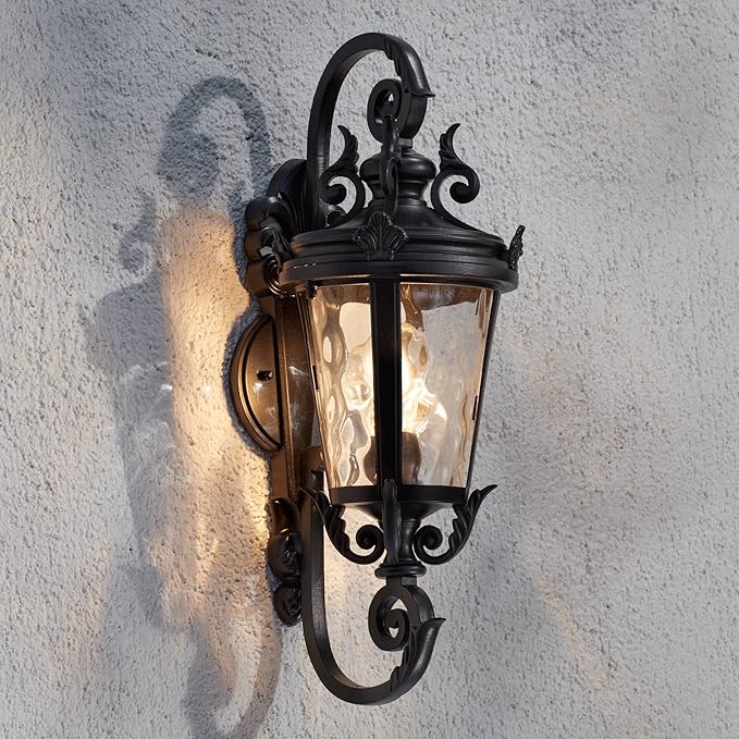 John Timberland Marseille Traditional Outdoor Wall Light Fixture Black Steel Scroll 19" Clear Hammered Glass | Lumora