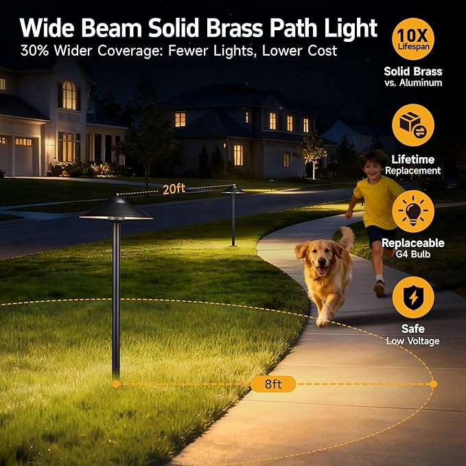 Gardenreet Solid Brass Landscape Path Lights (9" Shade) - Warm & Neutral White Adjustable Low Voltage Pathway | Lumora