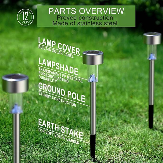 Solar Lights Outdoor Waterproof, Stainless Steel LED Landscape Lighting, Solar Garden Lights, Outdoor Valentines Day Decorations for Yard, Pathway, Walkway, Patio, Lawn - 12 Pack(Warm White)