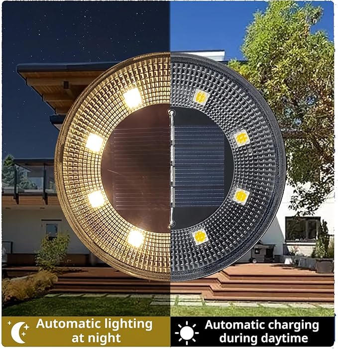 Solar Ground Lights Outdoor Waterproof IP68, 4 Pack 8 LED In Ground Solar Disc Landscape Lighting, Garden Lights | Lumora