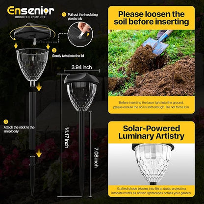 Ensenior 12-Pack Solar Lights Outdoor, 14.17" Auto ON/Off 6500K LED Solar Garden Lights for Pathway, Yard, Patio, Walkway, Planter, Waterproof, Energy-Efficient Landscape Lighting