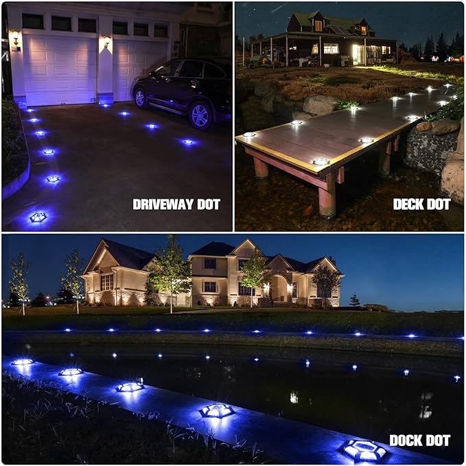 VOLISUN Solar Dock Lights, 16-Pack Waterproof Outdoor LED Aluminum Dock Lighting Warning Step Lights for Driveway (Blue+White, 2 Colors in 1), Auto On/Off