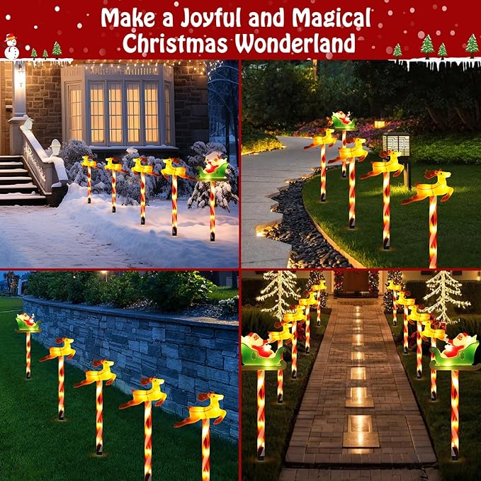 Lewondr Solar Christmas Pathway Lights, 5 PCS Solar Christmas Decorations Outdoor with 2 Lighting Modes, Santa Claus and Reindeer Lights with Garden Stake, Waterproof Garden Yard Patio Holiday Decor