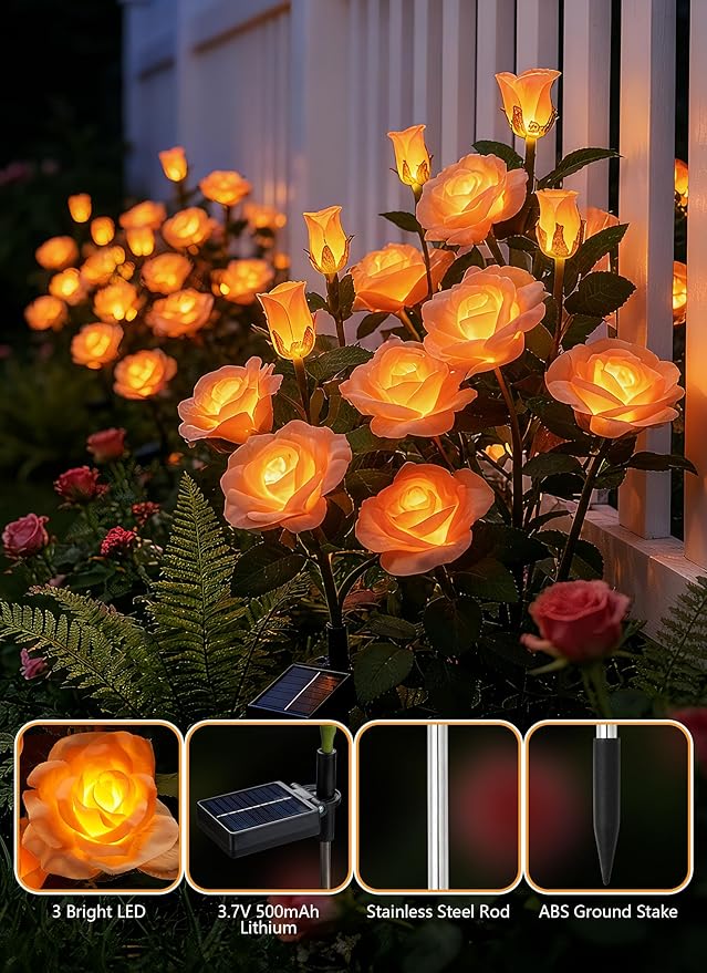 Brightown Outdoor Solar Flower Lights, 4 Pack Solar Garden Light with Larger & More Realistic Champagne Rose, Bigger Solar Panel, Waterproof Solar Lights Outdoor for Yard Garden Lawn Pathway Decor