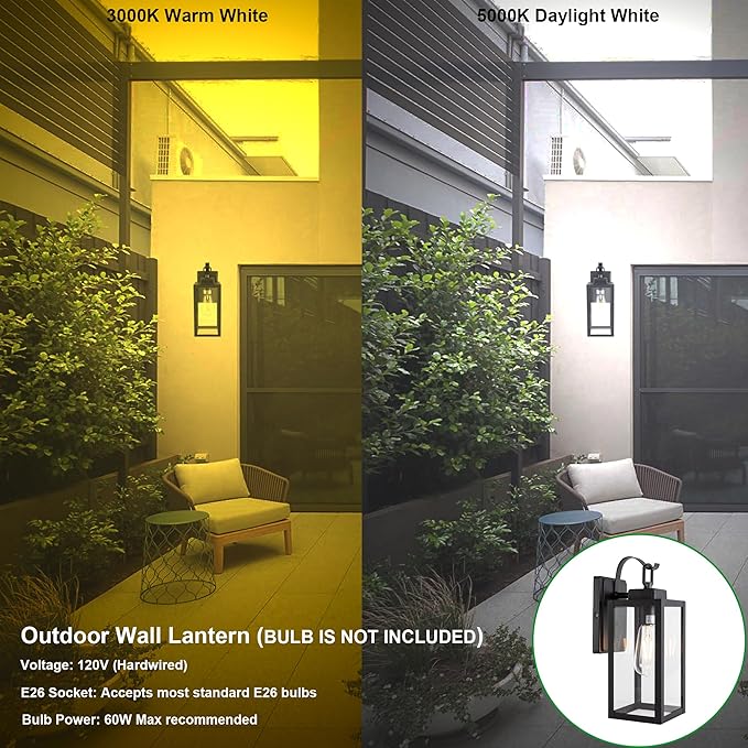 GRUENLICH Outdoor Wall Lantern, Wall Sconce for Porch Lighting Fixture, E26 Base Max 60W, Metal Housing Plus Glass, Matte Black Finish, Bulb Not Included, 1-Pack