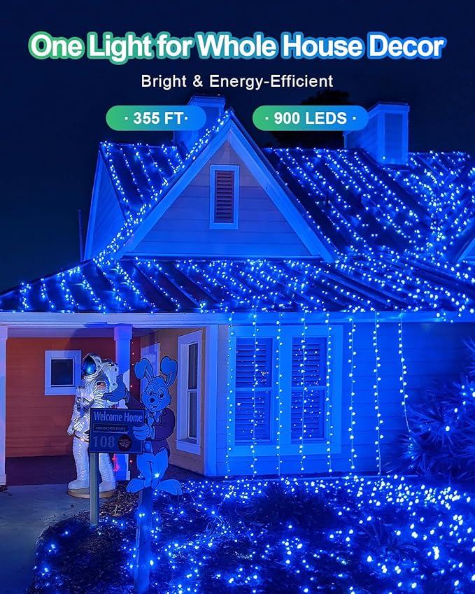 355FT 900 LED Blue Christmas Lights, Extra Long Outdoor String Lights Waterproof, Timer & Memory, 8 Modes Dimmable Plug in Fairy Lights for Outside Tree Wedding Patry Holiday Decorations