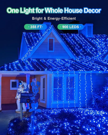 355FT 900 LED Blue Christmas Lights, Extra Long Outdoor String Lights Waterproof, Timer & Memory, 8 Modes Dimmable Plug in Fairy Lights for Outside Tree Wedding Patry Holiday Decorations