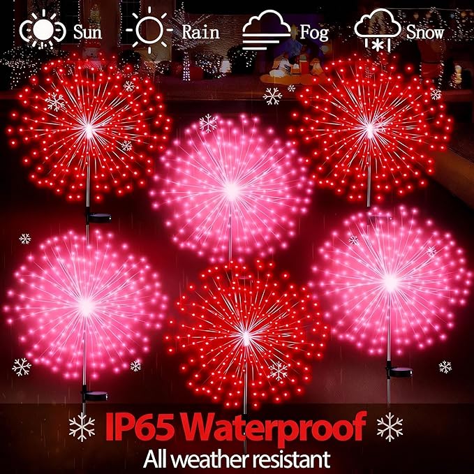 4 Pack Valentines Day Solar Firework Lights 180 LED 8 Lighting Modes Waterproof Solar Lamps Decorative Garden Stake Lights for Valentines Wedding Party Pathway Patio Decor