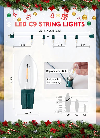 Vintage C9 LED Christmas Lights, 25Ft C9 String Lights with 25 LED C9 Plastic Bulbs, Waterproof Connectable Outdoor Lights for Christmas Tree Roofline Garden Patio Backyard Cafe Decor, Warm White