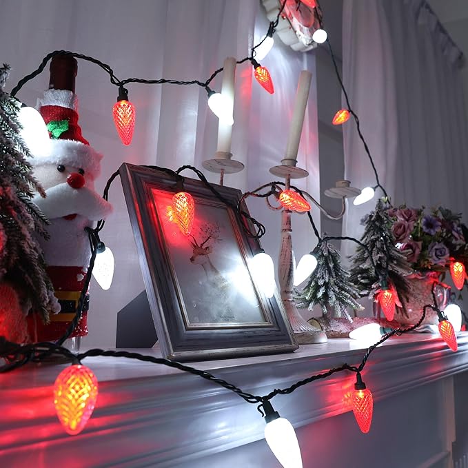 Brizled 100 LED C9 Red & White Christmas Lights, 66FT Faceted Christmas Lights, Connectable Outdoor Indoor Strawberry Light String, 120V UL Certified for Valentine's Day Party Xmas Tree House Garden