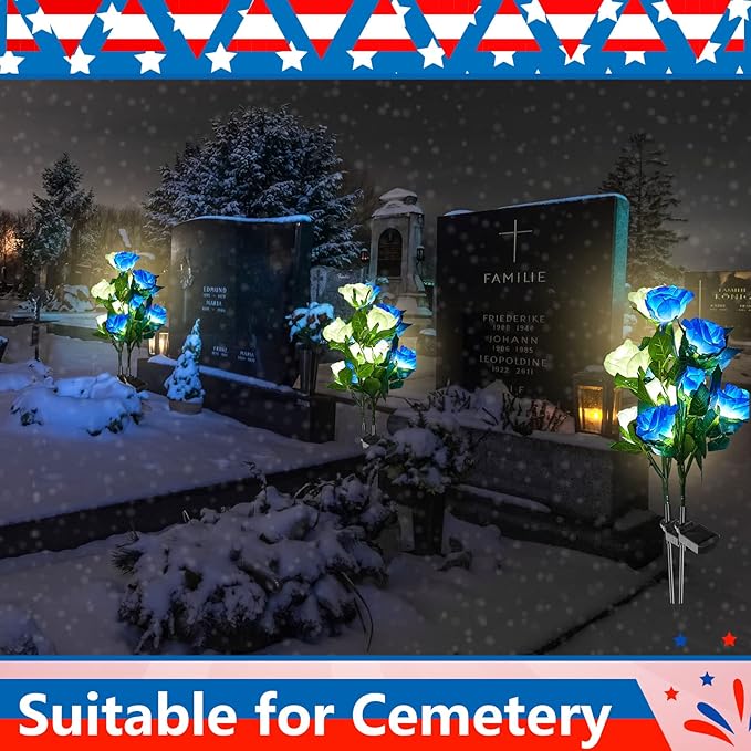 Woanger 4 Pcs Solar Flowers Cemetery Grave Decorations Outdoor LED Flower Lights with 6 Rose Powered Garden Stake Lights Waterproof for Independence Day 250 Anniversary USA Decorations(Blue, White)