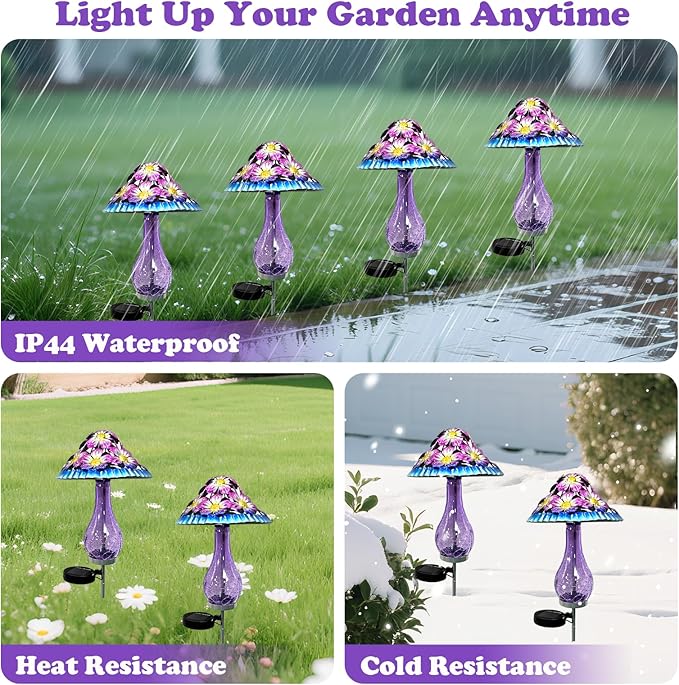 Solar Outdoor Lights, Hand-Blown Glass Mushroom Solar Lights Outdoor with Metal Ground Spikes, Decorative Solar Lights for Outdoor Garden Yard Lawn Porch Backyard Pathway, Gifts for Mom Women (Purple)