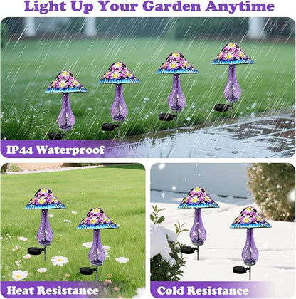 Solar Outdoor Lights, Hand-Blown Glass Mushroom Solar Lights Outdoor with Metal Ground Spikes, Decorative Solar Lights for Outdoor Garden Yard Lawn Porch Backyard Pathway, Gifts for Mom Women (Purple)