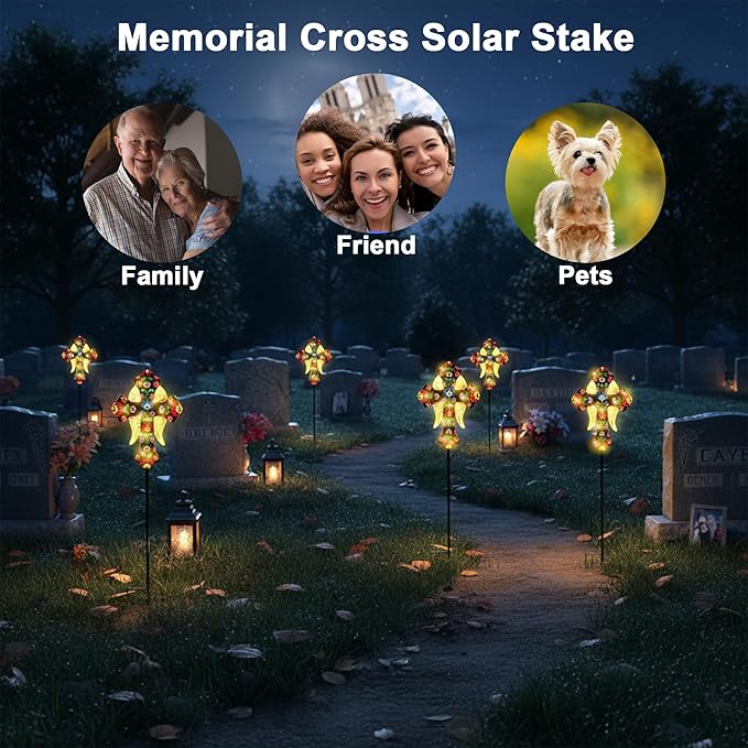 Solar Cross Lights with Angel Wings, Pink and Gold Floral Design, Memorial Garden Stake, Warm White LED, Weather Resistant, 36 Inch