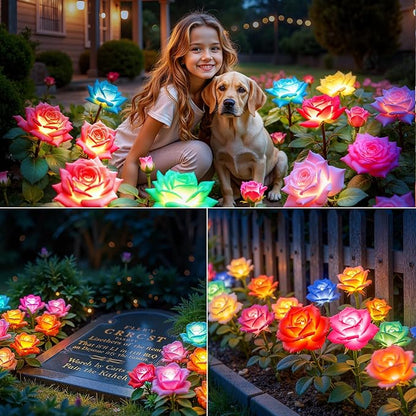 KOOPER 6 Pack Solar Lights Outdoor Garden Decor, 7 Color Changing Solar Flowers Outdoor Waterproof with 30 Bigger & Realistic Rose, Enlarged Size Panel for Patio Yard Garden Cemetery Decoration, Gifts
